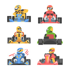 Kart Racing or Karting with Man Racer in Open Wheel Car Engaged in Motorsport Road Extreme Driving Vector Set - obrazy, fototapety, plakaty