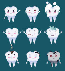 Cute tooth characters set in cartoon style. Teeth with different emotions set for label design. Vector illustration EPS10