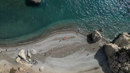 Fascinating Aphrodite Beach. The view from the drone. Breathtaking views of Cyprus.