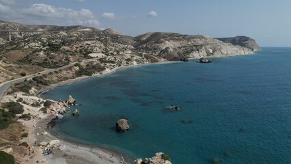 Fototapeta na wymiar Fascinating Aphrodite Beach. The view from the drone. Breathtaking views of Cyprus.