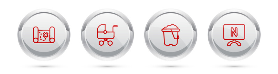 Set line Pirate treasure map, Baby stroller, Sand in bucket and Smart Tv. Silver circle button. Vector