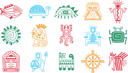 Fototapeta na wymiar Maya aztec totem isolated symbols. Mexican signs, sun, turtle, tiki heads. Indigenous indian tribal god icons. Abstract chameleon, decent vector set