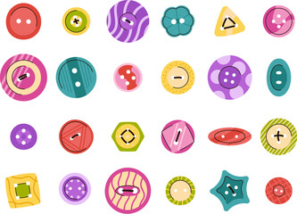 Colorful sew buttons for clothes. Sewing clothing accessories, variety round studs. Plastic button for jacket or shirt, tailor decent vector collection