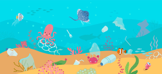 Naklejka na ściany i meble Garbage in ocean. Dirty sea, plastic trash and underwater animals. Polluted nature, environment ecology problems. Nowaday marine life vector scene