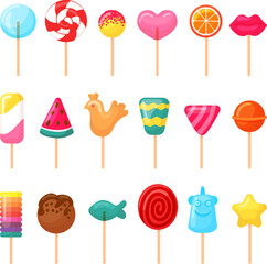 Cartoon lollipop candies. Sweet lollipops, candy christmas party. Sugar delicious caramel on stick, birthday gift for children, neoteric vector clipart