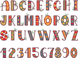 Tribal style ethnic alphabet, african decorative native letters and numbers design with folk and natural elements. Unusual neoteric vector boho set