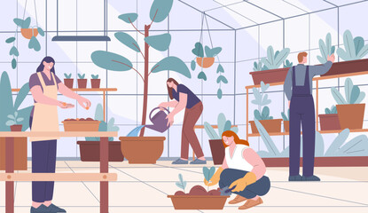 People in greenhouse care plants and flowers. Summer seeding, cartoon woman man planting green. Plant nursery, rest in farm kicky vector scene