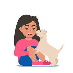 Cute puppy dog licking girl's face. Happy child hugging and petting a dog. Smiling kid sitting and embracing happy pet. Good friend. Vector illustration.