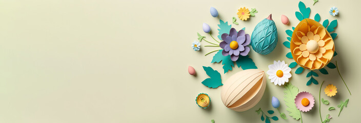 Fototapeta na wymiar Cute Easter eggs with spring flowers, space for copy.. Simple stlye 3D Render. Flat lay, top view. Generative Ai