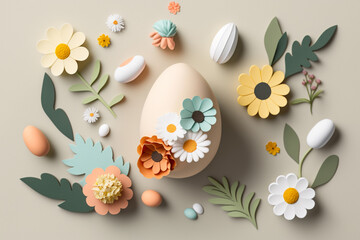 Easter eggs with spring flowers cut paper style. 3D Render. Flat lay, top view. Generative Ai