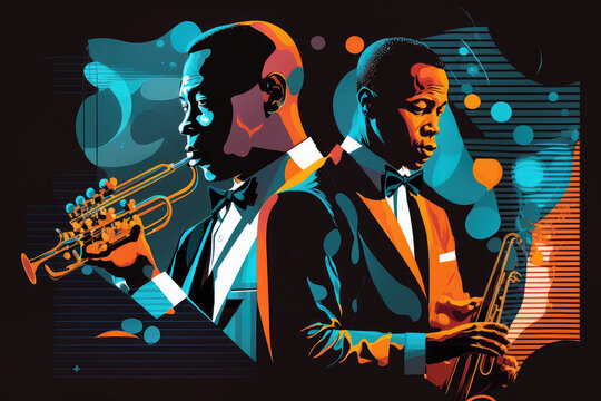 Jazz music illustration. Two men playing instruments against a colorful background of musical notes and bubbles. Black background. Generative AI