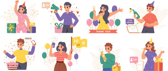 Bloggers celebrating and greetings new subscribers. Content makers, streaming young characters celebrate. Snugly thanks to followers party vector scenes
