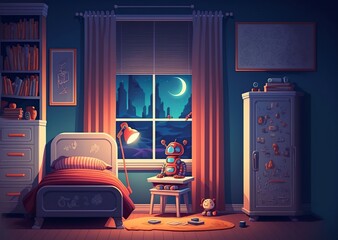 cartoon illustration, children's bedroom with a bed, wardrobe, books, armchairs and toys, ai generative