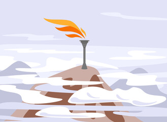 Fire burn on mountain or rock top. Victory or freedom symbol. Attention, signal lights in clouds. Vector nature landscape with burning flame torch