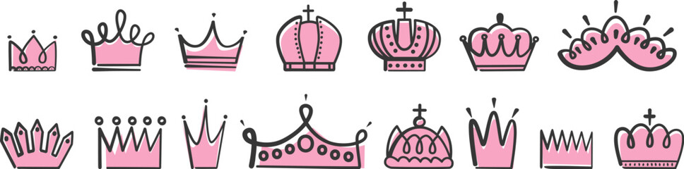 Hand drawn princess queen crowns. Doodle crown pink and black. Isolated king, royal design elements. Cute for little girl vector stickers © MicroOne