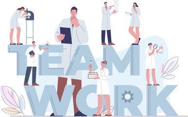 Scientists teamwork concept. Genetics, pharmacist, chemistry and biology professionals. Doctors and scientist, laboratory assistant vector scene