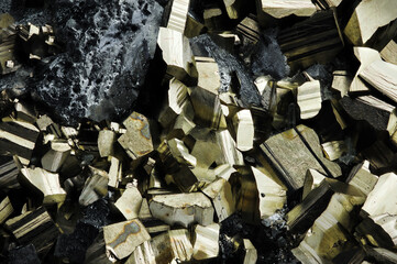 pyrite on galena macro detail texture background. close-up raw rough unpolished semi-precious...