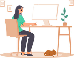 Teenager at blank computer monitor. Gamer or young programmer, digital designer or freelancer. Student e-learning, woman and cat vector scene