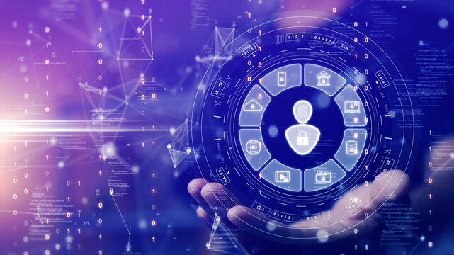 digital cyber security data protection technology concept. Access to online network website connection system. The user icon is surrounded by other icons. Binary code polygon on background.