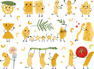 Cute pasta characters, cartoon spaghetti and macaroni. Funny noodle, italian traditional lunch food. Kawaii cooking character, vegetables and cheese, decent vector set