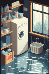 cartoon illustration, basement flooded clothes, home water leak, ai generative