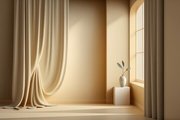 Fototapeta na wymiar Minimalistic abstract, gentle, light beige background, curtains, interior, generative AI