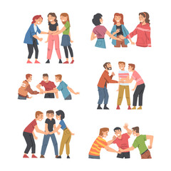 Happy People Character with Their Hands in Stack Putting Them Together Showing Unity and Solidarity Vector Set