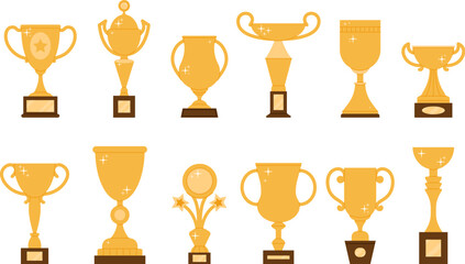 Winner golden flat trophy. Champion cup sign, racing or sport victory elements. Goblet icons, isolated prize or success symbols decent vector set