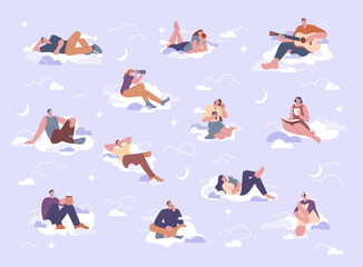 People sitting on clouds in sky. Thinking and dreaming adults, resting, reading and creativity. Men women listen music, relax with cat, kicky vector characters