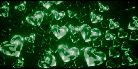 Green glass hearts with neon lighting background. AI