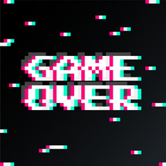 Game over fantastic computer background with glitch noise. Three color half-shifted letters effect. Pixel inscription.