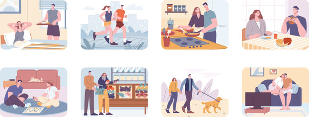 Couple spend weekend together. Wake up and outdoor sport training, cooking and eating lunch or dinner. Walk with dog, play table game, kicky vector scenes