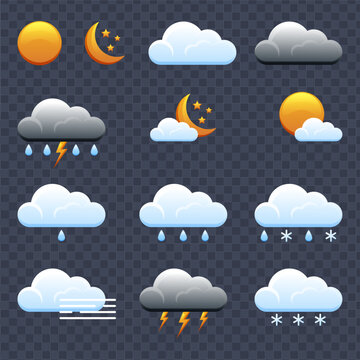 Weather icons. Realistic weather icons set isolated on transparent background. Forecast weather flat symbols.