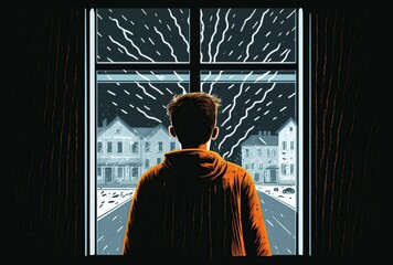 cartoon illustration, a man looking at the rain from the window and the city street, ai generative