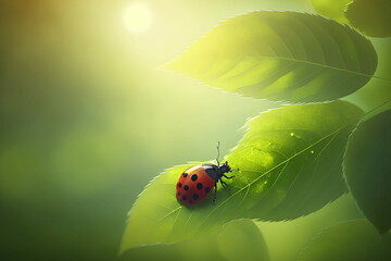 Obraz premium Nature background, tree with leaves and the ladybird, generative AI