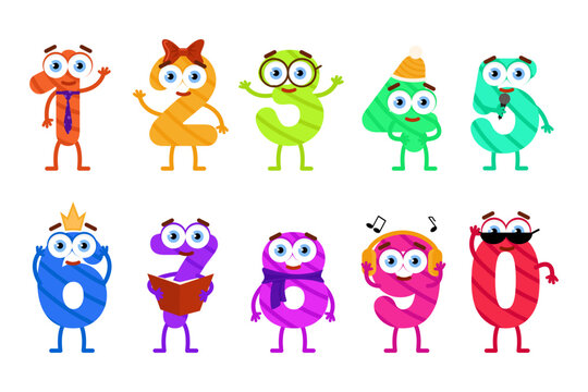 Cute funny numbers. Adorable vector math characters. One, two, three, four, five, six, seven, eight, nine, zero smiling characters, math symbols. Numbers with faces