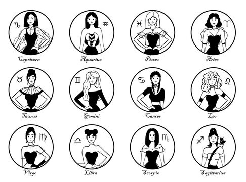 Compositions with girls in the form of zodiac signs. Hand drawn vector stock abstract graphic illustrations with zodiac astrological contemporary signs. Set of astrology signs