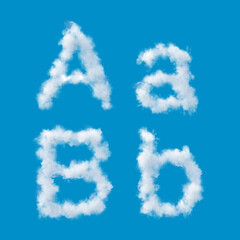 white alphabet made of clouds on a blue sky, upperscale and lowercase letters, 3d render, 