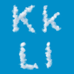 white alphabet made of clouds on a blue sky, upperscale and lowercase letters, 3d render, 