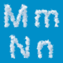 white alphabet made of clouds on a blue sky, upperscale and lowercase letters, 3d render, 
