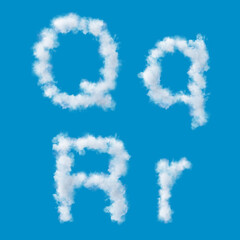 white alphabet made of clouds on a blue sky, upperscale and lowercase letters, 3d render, 