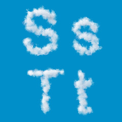 white alphabet made of clouds on a blue sky, upperscale and lowercase letters, 3d render, 