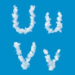white alphabet made of clouds on a blue sky, upperscale and lowercase letters, 3d render, 
