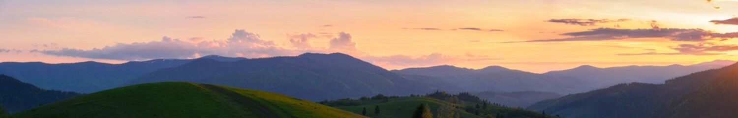 mountain landscape with grassy meadow. rolling scenery of carpathian countryside in evening light - obrazy, fototapety, plakaty