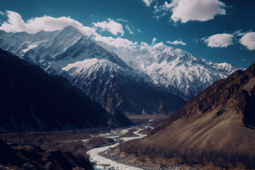 Himalayan mountain range with snow near the town of Chitkul in Kinnaur, India. Generative AI