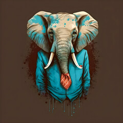 Funny Hipster Cute Elephant Art Illustration, Anthropomorphic Animals Generative AI	