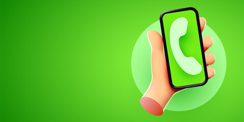 Cute hand holding phone. Phone call. Touching screen with finger.