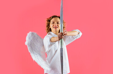 Arrow of love. Female angel with bow and arrows. Valentines Day concept. Cupid shooting love arrow.