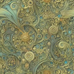 Seamless green ornate copper peacock design, repeating tile pattern, generative ai, 1:1
