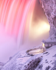 Frozen Niagara Falls with snow and ice covering a viewing platform during a polar vortex - Ontario Canada